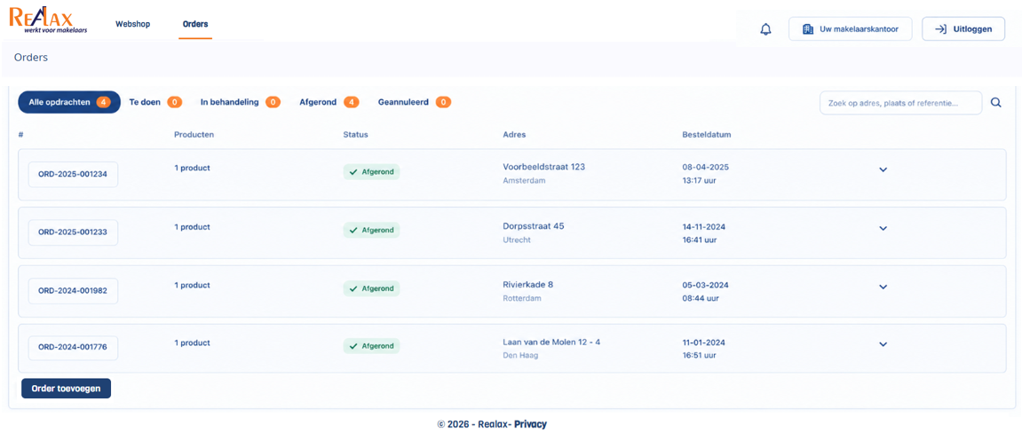 Voorbeeld dashboard Realax website